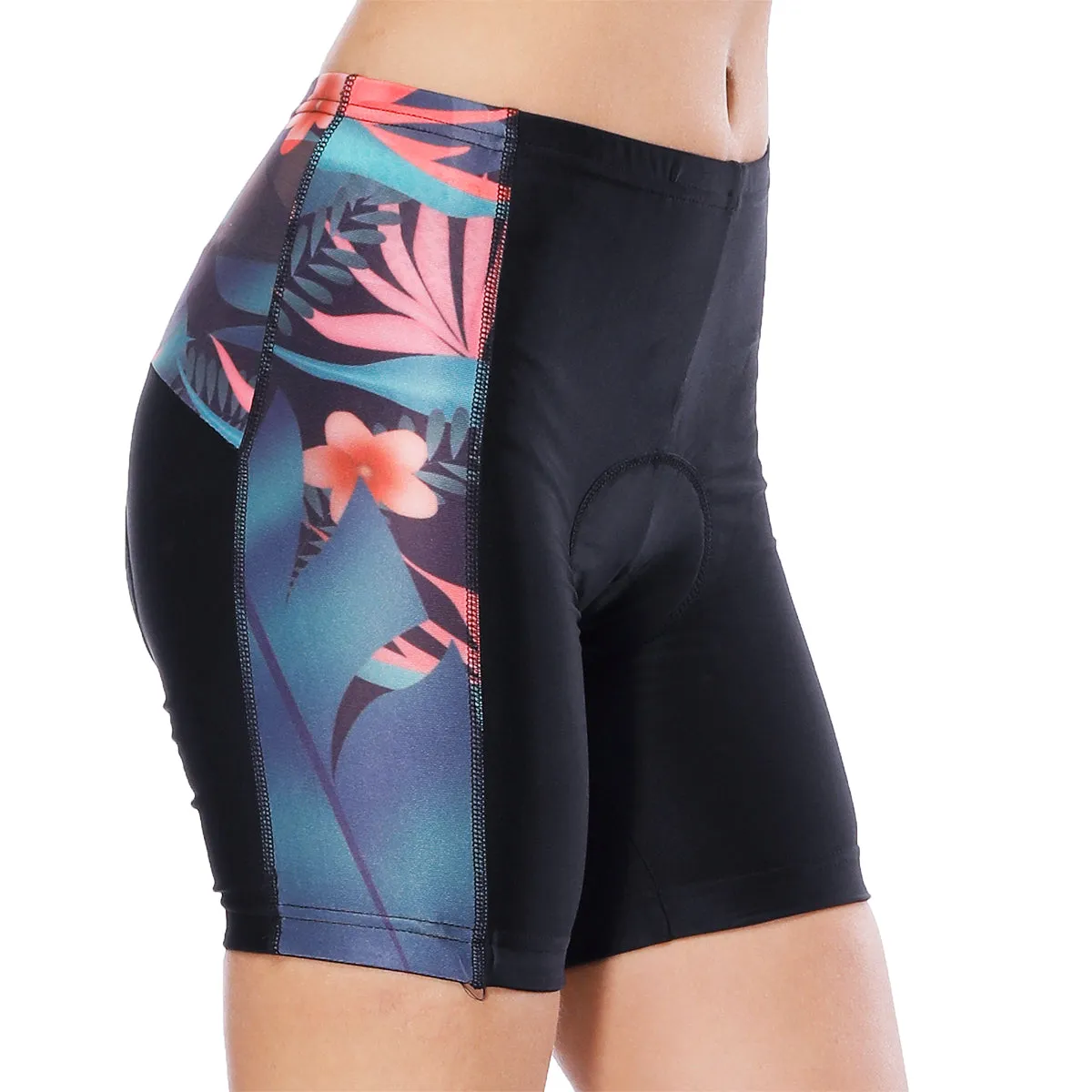 Women's Cycling Spinning Padded Shorts Black UPF 50+ Elegance Tropical Plant Flower