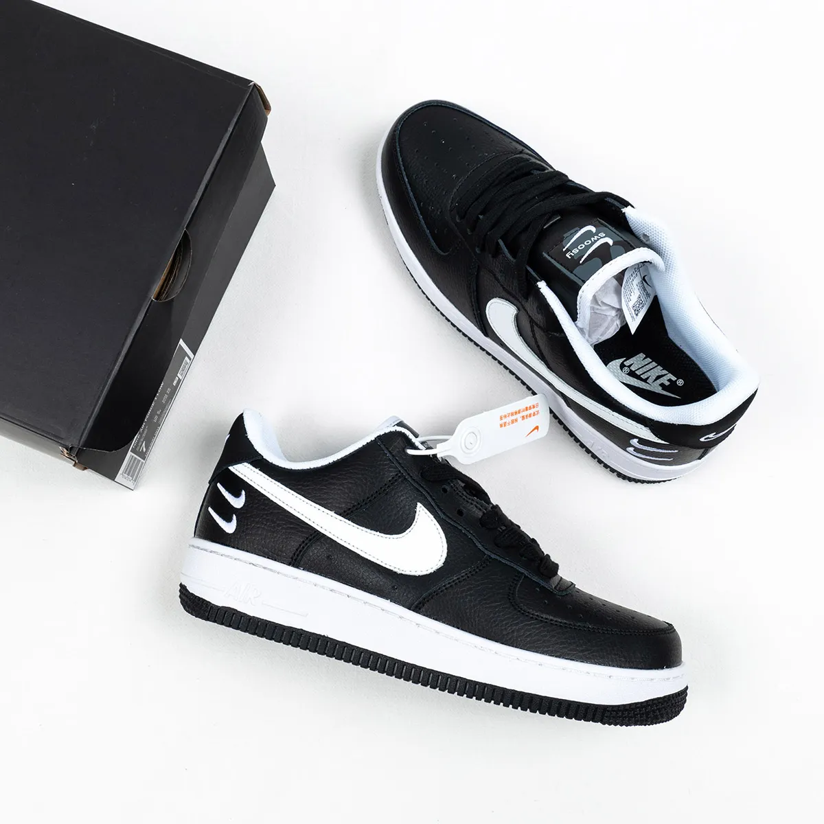 Nike Air Force 1 Low Black/White With Double Mini Swooshes - double nike swoosh shoes