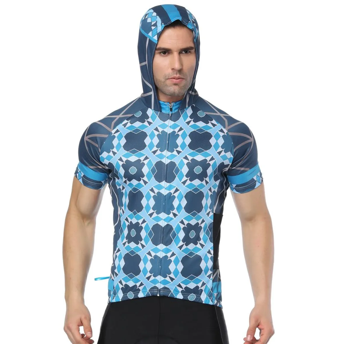Blue Phantoscope Outdoor Running Cycling Fitness Extreme Sports Mens T-shirts Hooded Short-sleeve Jacket Clothing and Riding Gear with Cap Quick dry Breathable NO.819