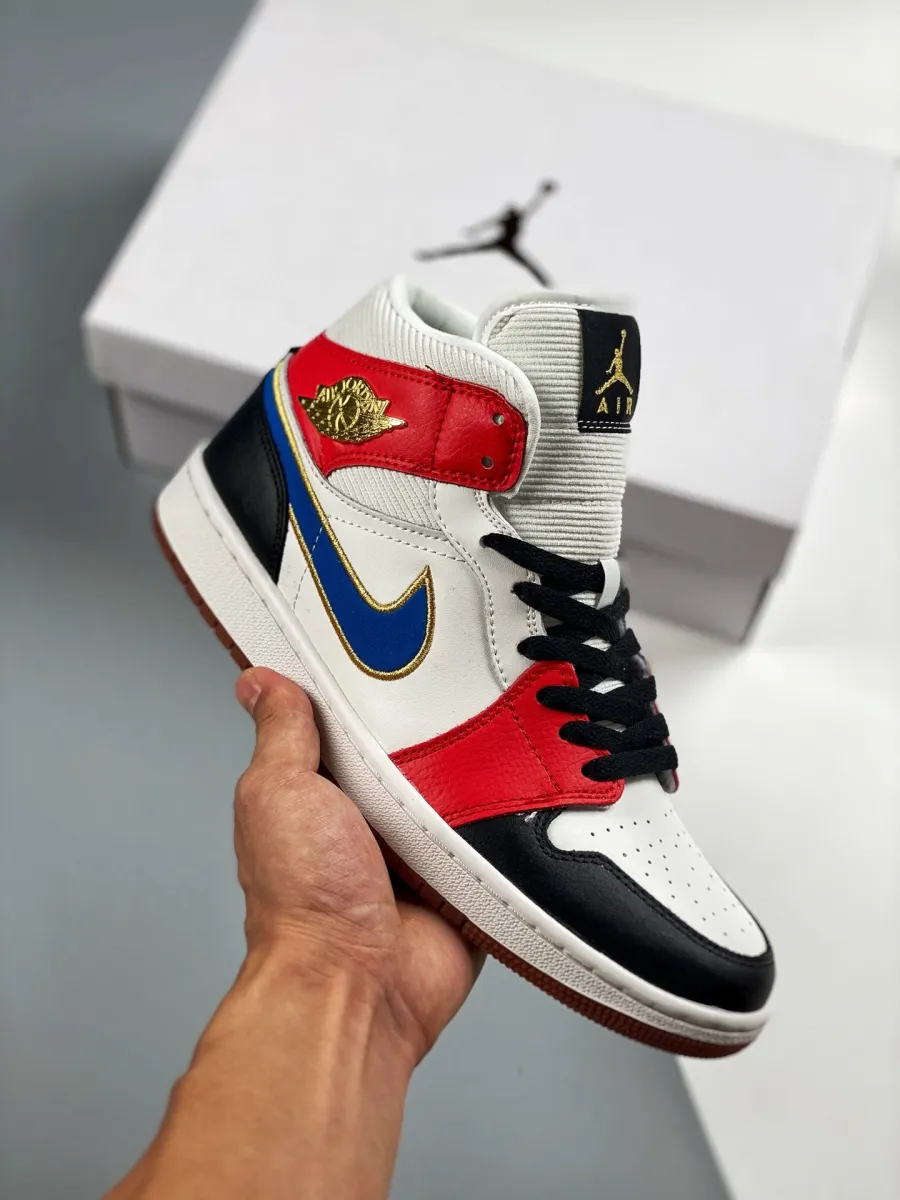 Air Jordan 1 Mid Sail Red Black Blue Gold DC1426-100 jordan 1 let her man