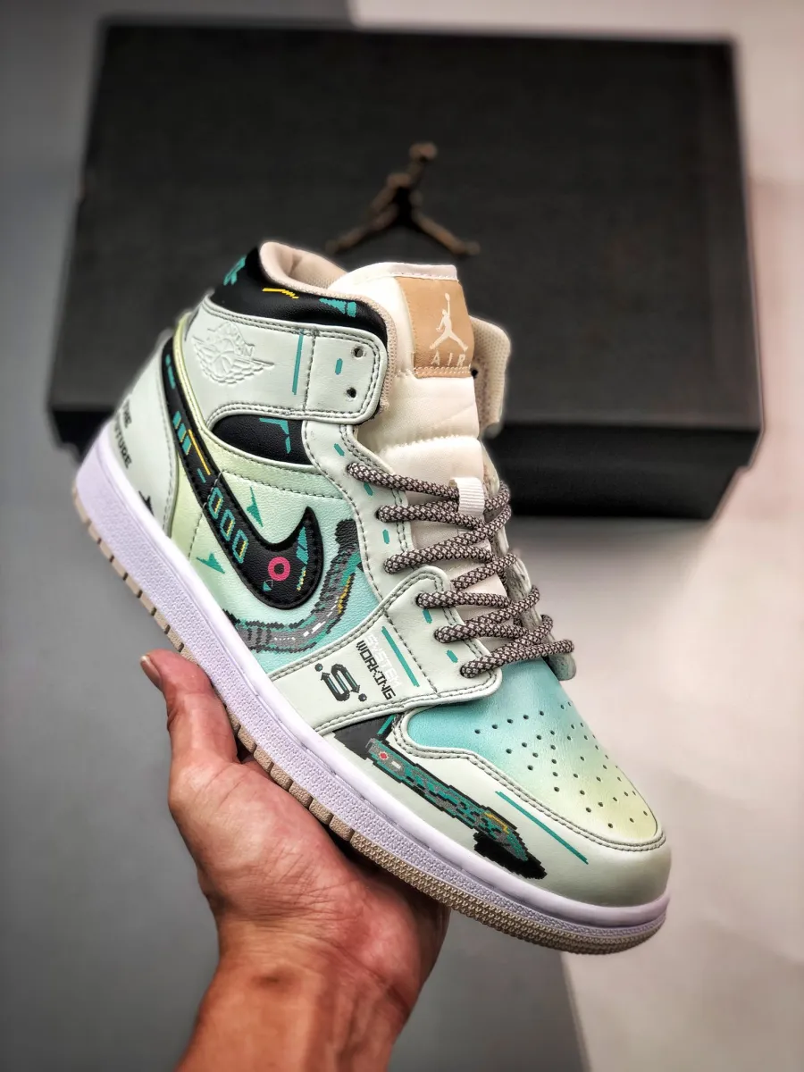 Custom Air Jordan 1 Mid Green Linen Black Brand New