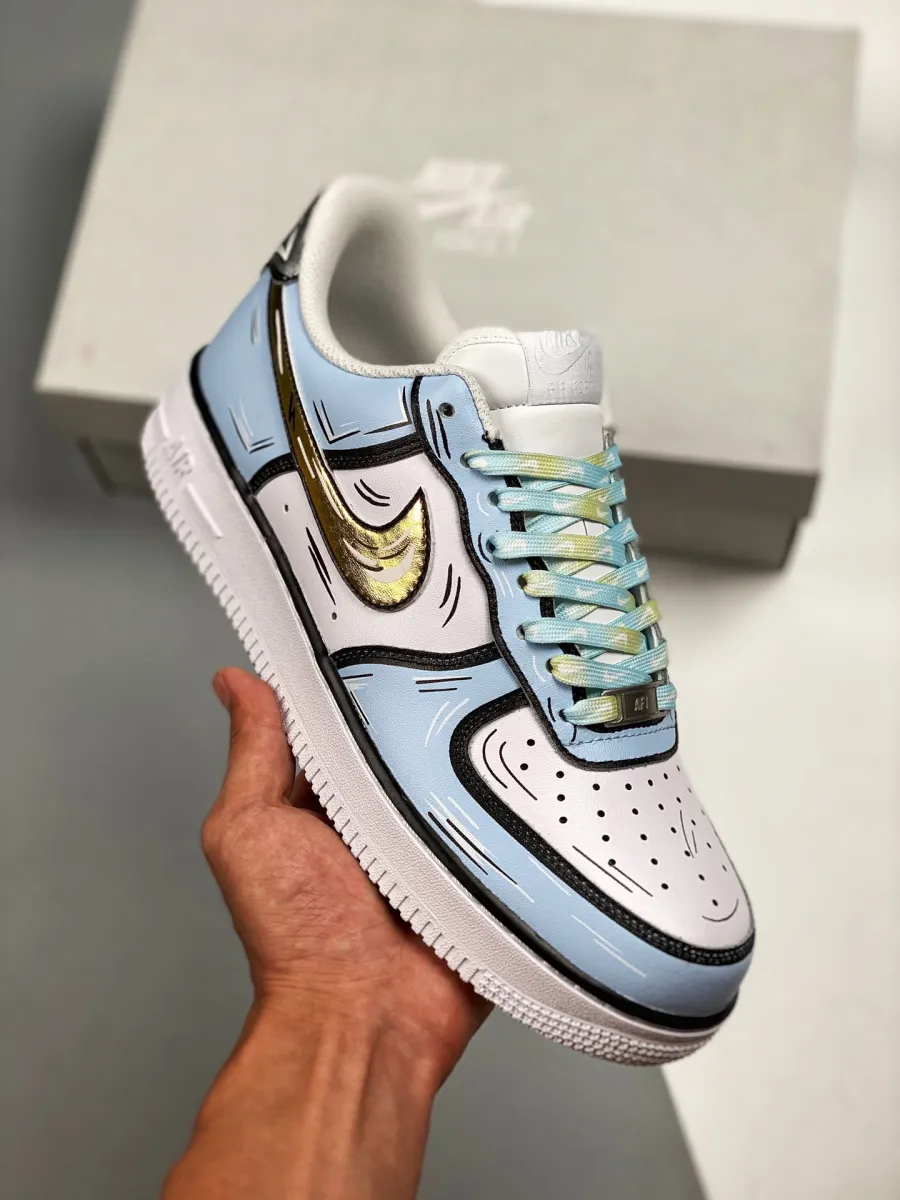 Custom Nike Air Force 1 Blue White Gold Black #custom air force 1 blue