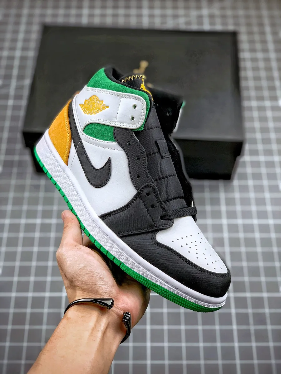 Air Jordan 1 Mid Se Oakland White/Black/Lucky Green/Laser Orange AJ1 / jordan 1 green yellow black white