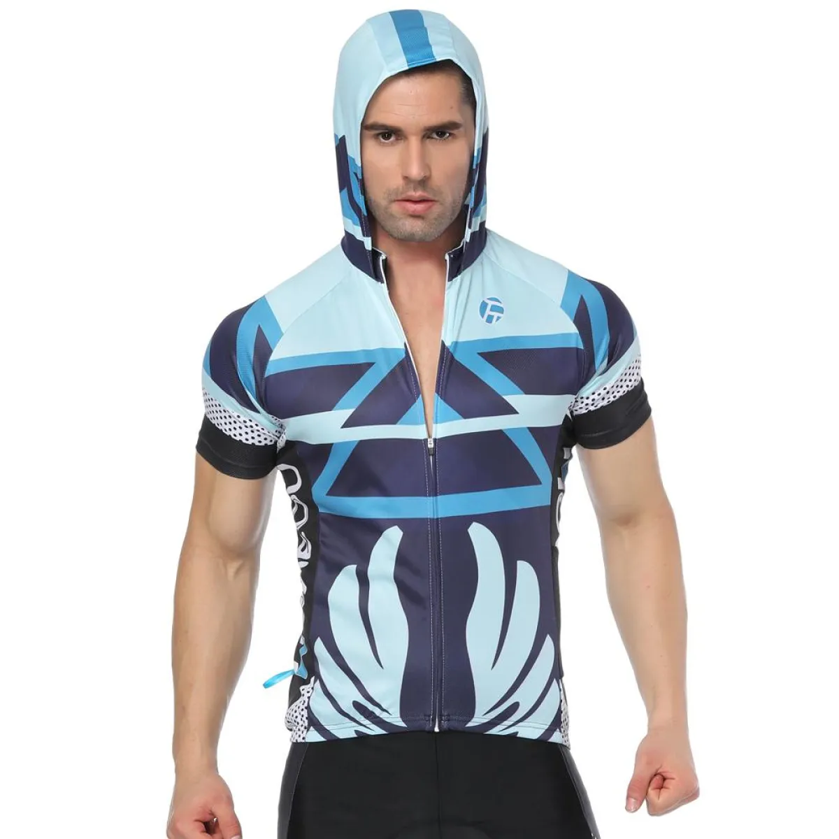Geometry Blue Outdoor Running Cycling Fitness Extreme Sports Mens T-shirts Hooded Short-sleeve Jacket Clothing and Riding Gear with Cap Quick dry Breathable NO.820