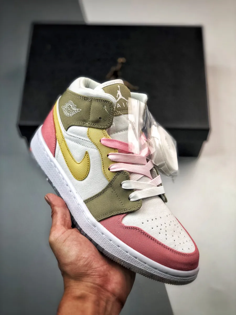 Air Jordan 1 Mid Recycled Canvas Pink Tan Yellow DJ0338-100 / air jordan 1 mid se pastal grind