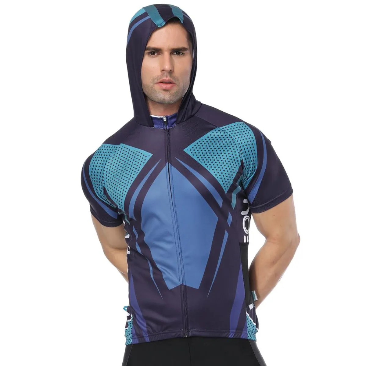 Blue Outdoor Running Cycling Fitness Extreme Sports Mens T-shirts Hooded Short-sleeve Jacket Clothing and Riding Gear with Cap Quick dry Breathable NO. 825