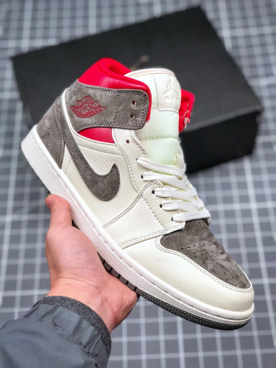 SNS X Air Jordan 1 Mid Sail/Wolf Grey-Gym Red-White CT3443-100 For Sale