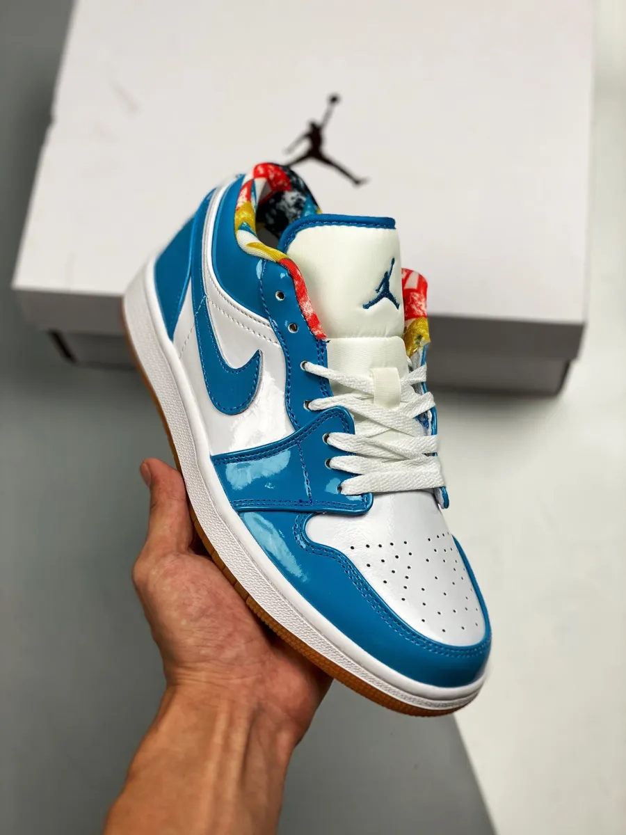 White Blue Air Jordan 1 Low With Patent Leather and Gum Soles / air jordan 1 gum bottom