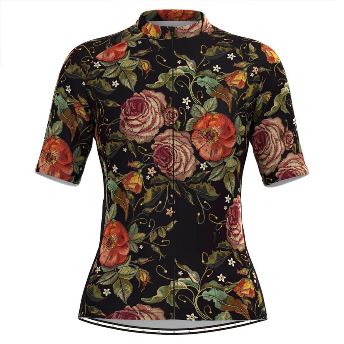 Women's Retro Rose Flower Embroidery Stitches Cycling Jersey V1