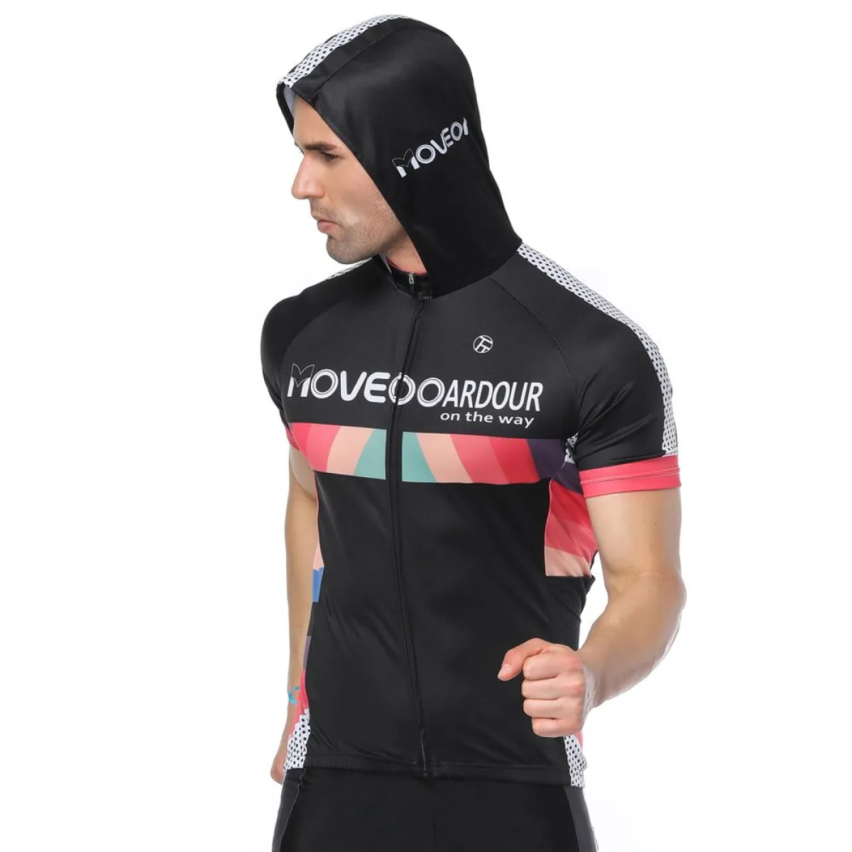 I LOVE ARDOUR ON THE WAY Black Outdoor Running Cycling Fitness Extreme Sports Mens T-shirts Hooded Short-sleeve Jacket Clothing and Riding Gear with Cap Quick dry Breathable NO. 821
