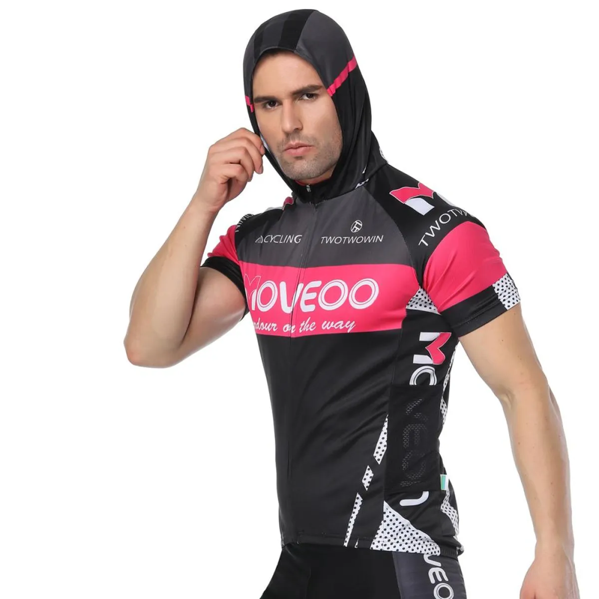 Pink-strip Dotted Black Outdoor Running Cycling Fitness Extreme Sports Mens T-shirts Hooded Short-sleeve Jacket Clothing and Riding Gear with Cap Quick dry Breathable NO. 822