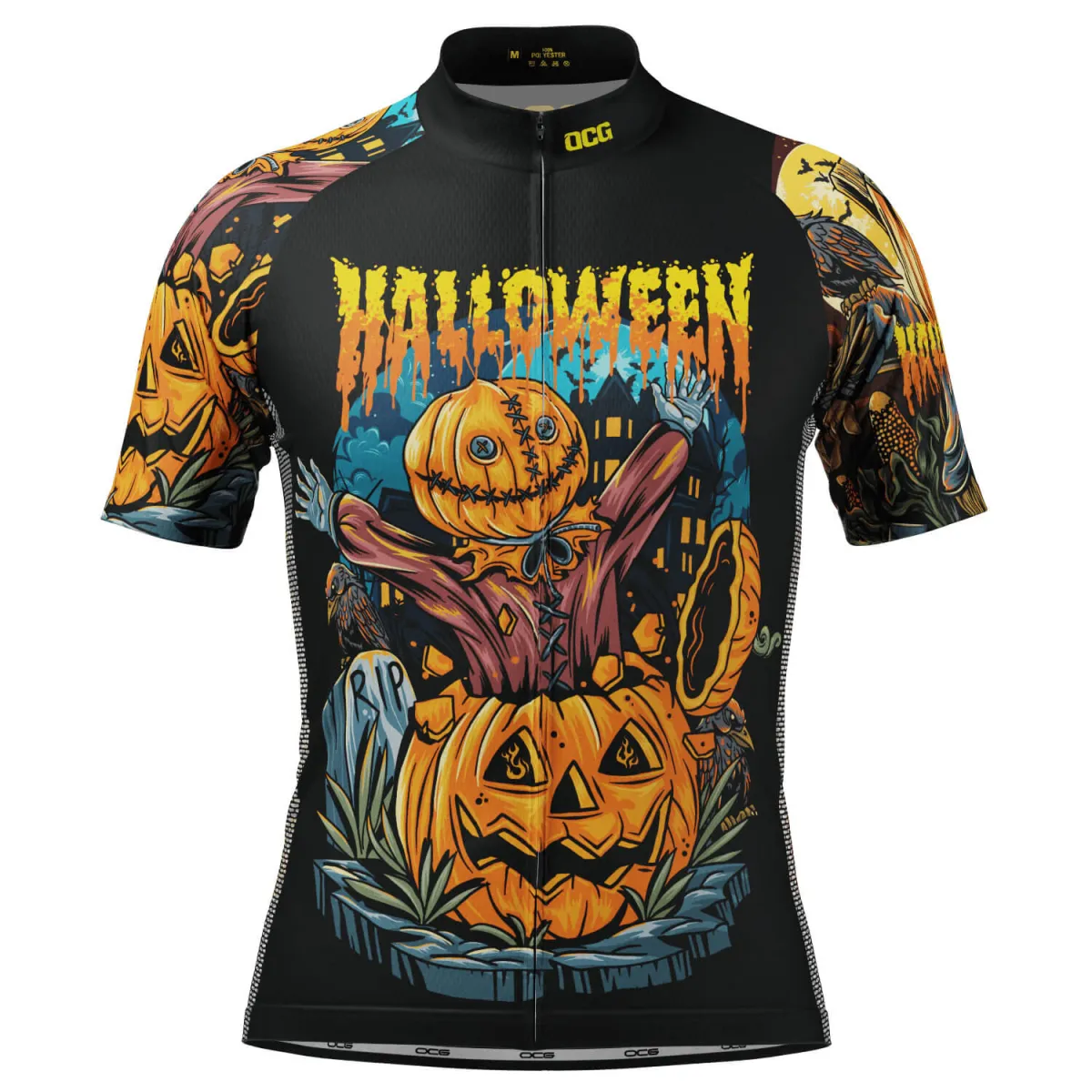Men's Halloween Scarecrow Pumpkin Head Short Sleeve Cycling Jersey, Pumpkin Head Scarecrow