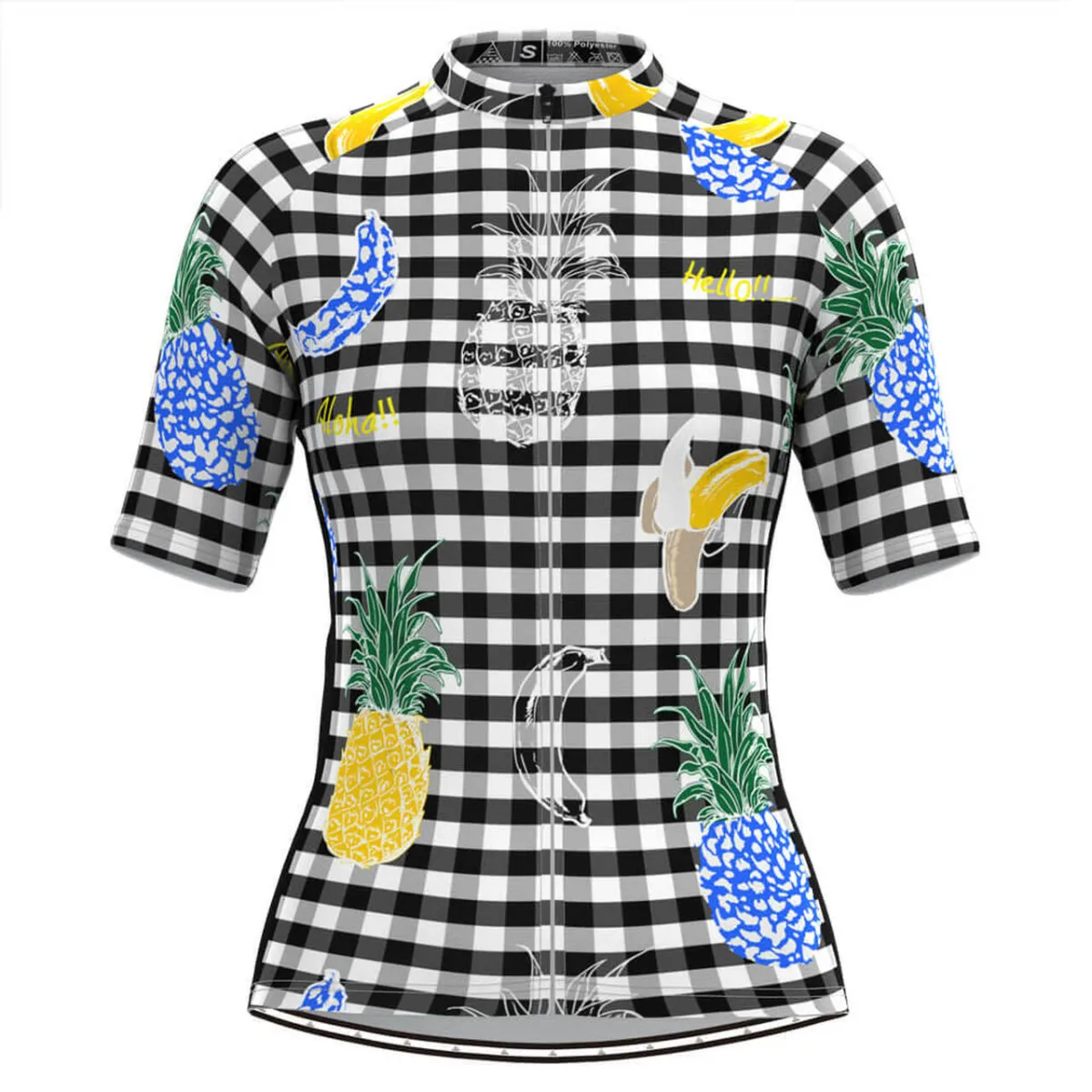 Women's The Fruits Print Black White Plaid Cycling Jersey