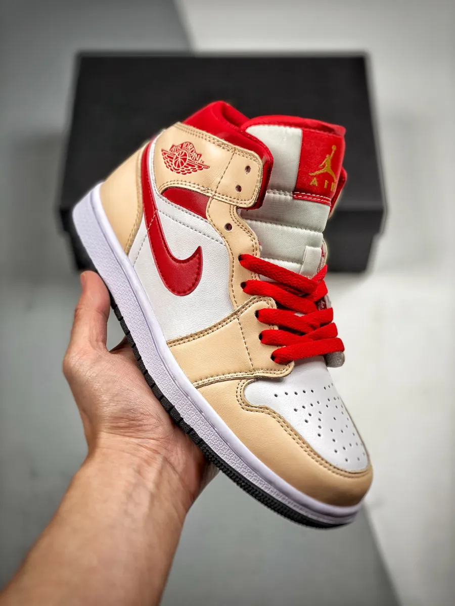 Air Jordan 1 Mid Beige Cardinal Red 554724-201 / jordan 1 light curry cardinal