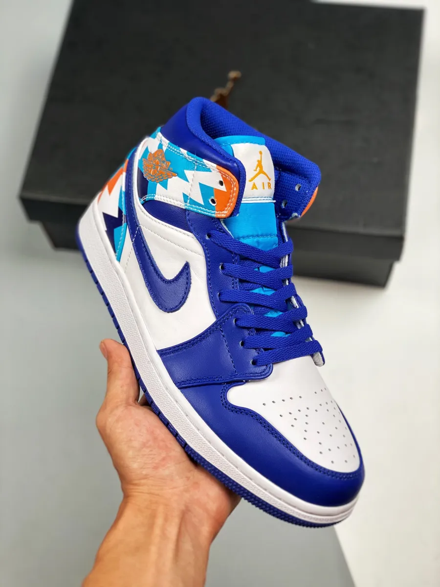 Jordan 1 Mid GS Geometric Print White Blue WMNS 555112-105