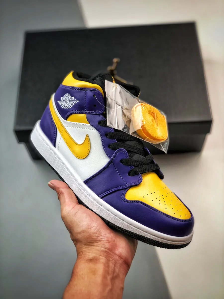 Air Jordan 1 Mid 'Lakers' White/Purple-University Gold yellow purple white jordan 1